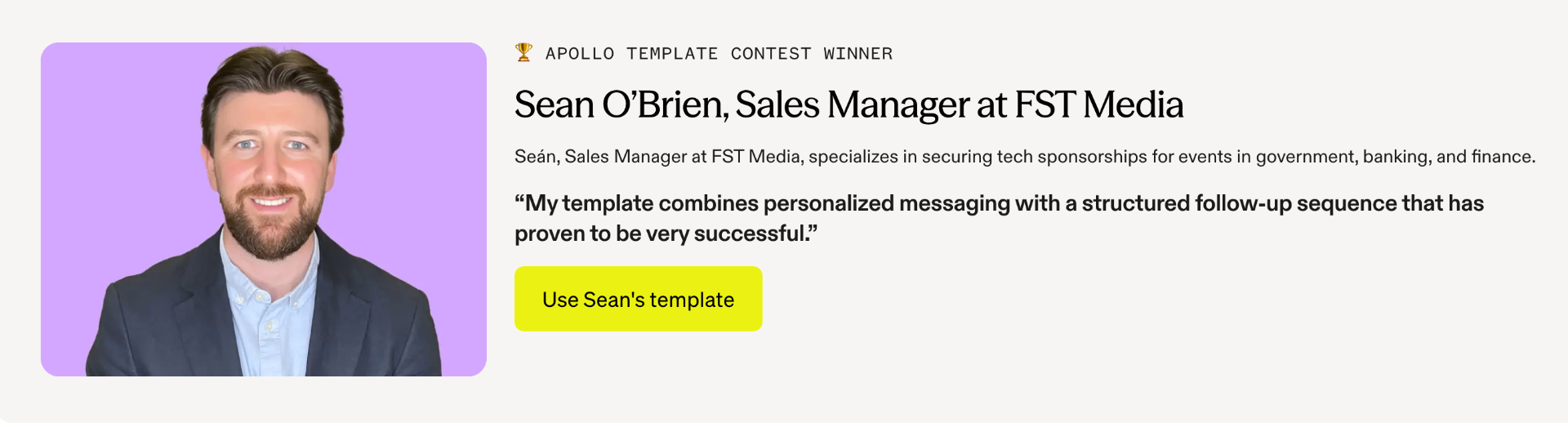Apollo template contest winner feature — Seán O'Brien, Sales Manager at FST Media
